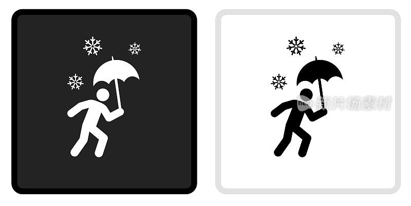 Stick Figure with an Umbrella in a snow storm在暴风雪中用黑色按钮与白色翻转的图标